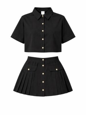 (2F0R50K)BLACK GOLD MILITARY PLEATED SKIRT & TOP SUIT SET