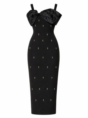 BLACK EMBELLISHED COLD SHOULDER BANDAGE DRESS WITH SILK BOW DETAIL