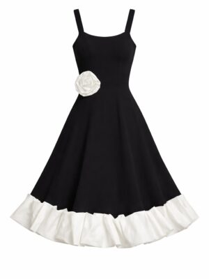 ELIZZA BLACK THIN STRAP WITH WHITE RUFFLE INSERT SKATER DRESS