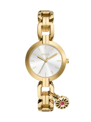 FOSSIL BQ5012 GOLD ROUND SILVER FACE CHARM DETAIL CHAIN WATCH