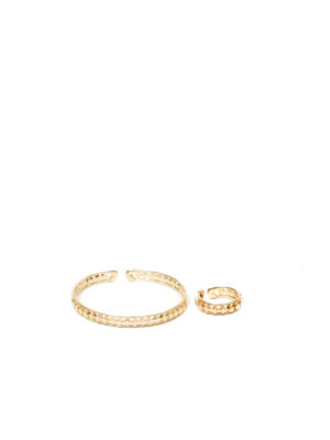 JIN GOLD STURDY SMOOTH DIAMOND CUT RING X BANGLE SET