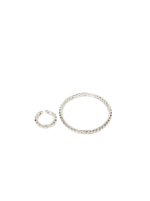 JIN SILVER STURDY SMOOTH DIAMOND CUT RING X BANGLE SET