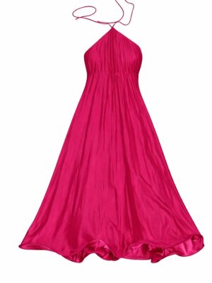 K MAGENTA THIN CROSS NECK PLEATED BACKLESS SWING DRESS