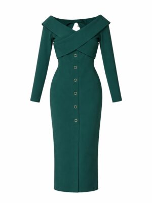 KAMEYA TEAL FRONT CROSS BUTTON DETAIL MIDI DRESS