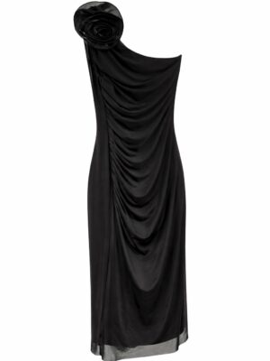 KINZI BLACK MESH MONOSTRAP ROSE INSERT MIDI DRESS