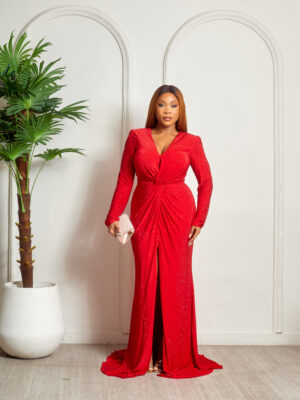 ELYSION RED FULL SPARKLE WRAP RUCH MAXI DRESS