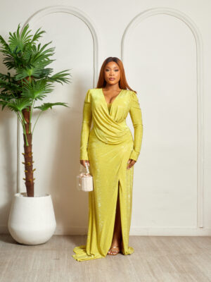 ELYSION LIME SIDE DRAPED FULL SPARKLE WRAP MAXI DRESS