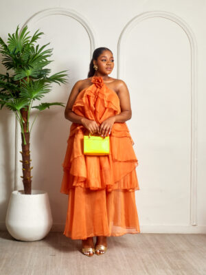 ORANGE CROSS NECK MULTI LAYERED SWING DRESS