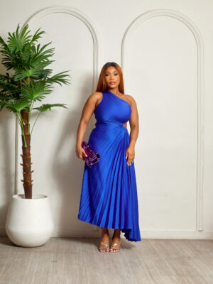 SAX PLEATED CUT OUT ASSYMETRIC MONOSTRAP DRESS