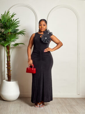 BLACK JERSEY MID DRAPED DOUBLE ROSE INSERT MIDI DRESS