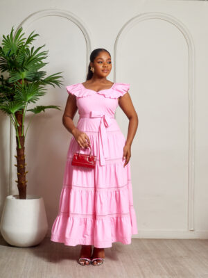 PINK COTTON PLEATED FRILL SLEEVE MAXI