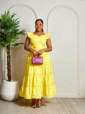 YELLOW COTTON PLEATED FRILL SLEEVE MAXI