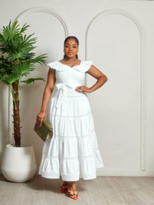 WHITE COTTON PLEATED FRILL SLEEVE MAXI