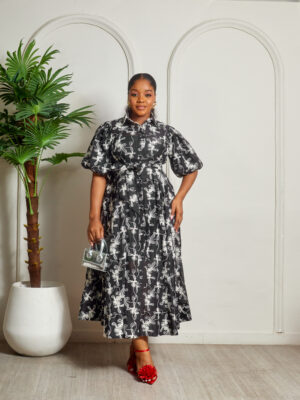 BLACK EMBROIDERED PUFF SLEEVE SKATER SHIRT DRESS