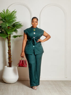 ZR TEAL STITCHED BISHOP NECK WITH ELEVATED BUTTON ACCESSORY PANT SUIT SET