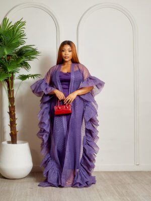 SASHES X HIDES SHIMMER TULLE PURPLE FRILL DETAIL KIMONO 2PCS SET