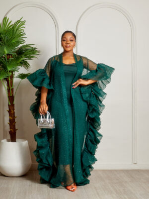 SASHES X HIDES SHIMMER TULLE TEAL FRILL DETAIL KIMONO 2PCS SET