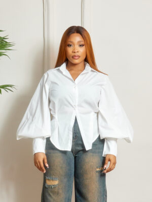 F&T IVORY PEARL BUTTON IRREGULAR PEPLUM SHIRT