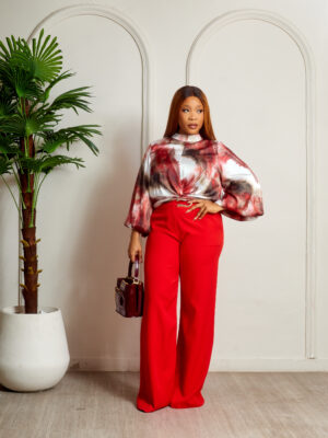 HAVIS HAVIS RED PRINT BUBBLE SLEEVE RUCH TOP & RED DRING PANT SUIT SET