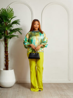 MISS HAVIS GREEN X OLIVE BEADED NECK DRAPED SLEEVE WITH LIME PANT SUIT SET