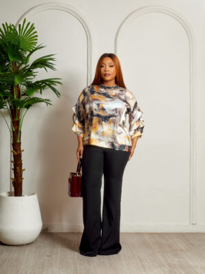 MISS HAVIS NAVY X BROWN BEADED NECK DRAPED SLEEVE WITH BLACK PANT SUIT SET