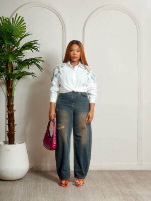 WHITE MIXED SEQUIN TRIMMING ON SHOULDERS SHIRT