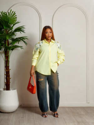 YELLOW MIXED SEQUIN TRIMMING ON SHOULDERS SHIRT