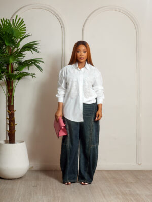 WHITE MONOTONE BEADWORK SHIRT