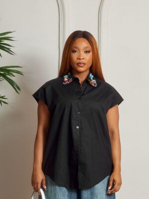 BLACK OVERSIZED CAPSLEEVE MIXED BUTTON INSERT ON COLLAR SHIRT