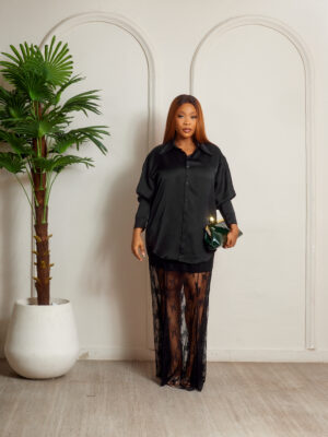 BLACK SILK WITH CHANTILLY INSERT SHIRT X LACE SKIRT SUIT SET
