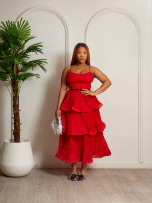 RED THIN STRAP PLEATED TAPHETTA LAYERED MIDI DRESS