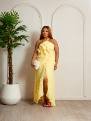 YELLOW HALTER NECK MULTI STRAP PLEATED MAXI DRESS