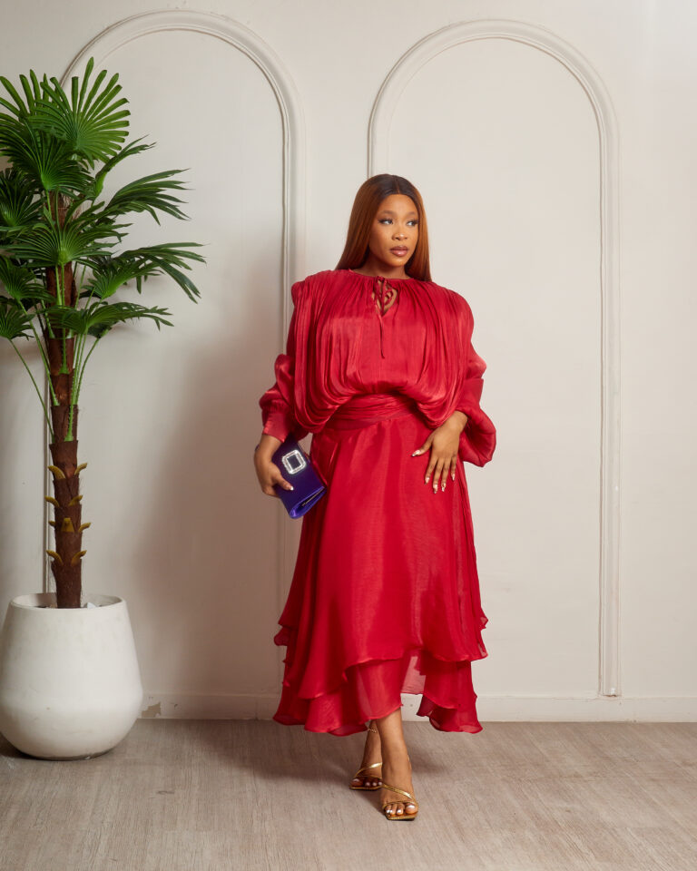 WINE LUMINOUS SILK DRAPED SKATER DRESS