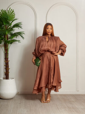 CHOCO LUMINOUS SILK DRAPED SKATER DRESS