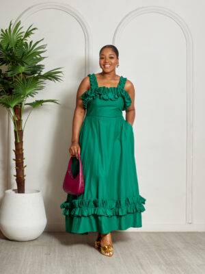 SASHES X HIDES GREEN FRILL DETAIL SKATER DRESS