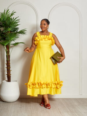 SASHES X HIDES MUSTARD FRILL DETAIL SKATER DRESS