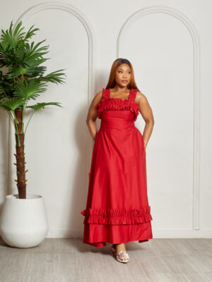 SASHES X HIDES RED FRILL DETAIL SKATER DRESS