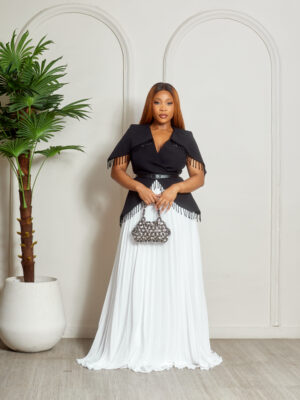 PONEVA BEADED BLACK X WHITE PEPLUM LOWER PLEATED DRESS