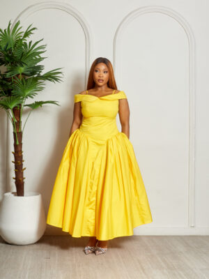 SASHES X HIDES MUSTARD COLD SHOULDER DOLL DRESS