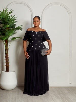 ELIZZA BLACK STONE DETAIL BARDOT PEPLUM PLEATED DRESS