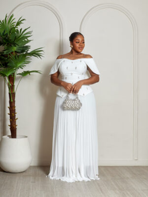 ELIZZA WHITE STONE DETAIL BARDOT PEPLUM PLEATED DRESS