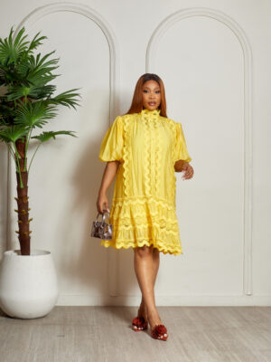 YELLOW BUBBLE SLEEVE LACE INSERT PEPLUM HEM SHIRT DRESS