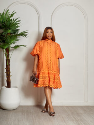 ORANGE BUBBLE SLEEVE LACE INSERT PEPLUM HEM SHIRT DRESS