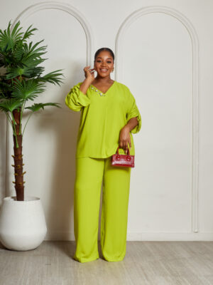 MISS HAVIS LIME CREPE EMBELLISHED VNECK PANT SUIT SET
