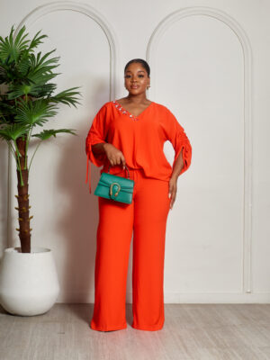 MISS HAVIS ORANGE CREPE EMBELLISHED VNECK PANT SUIT SET