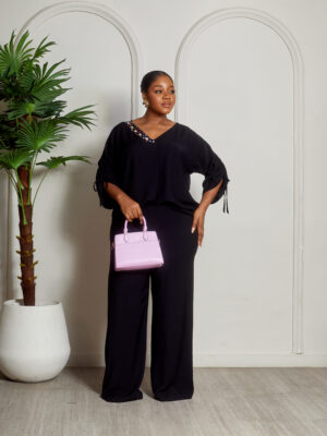 MISS HAVIS BLACK CREPE EMBELLISHED VNECK PANT SUIT SET