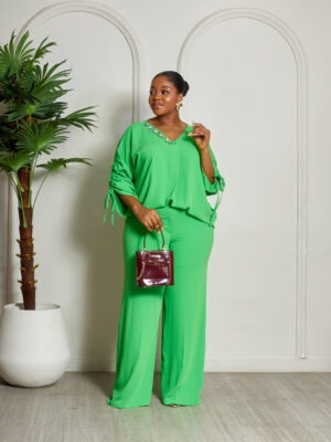 MISS HAVIS DEEP LIME CREPE EMBELLISHED VNECK PANT SUIT SET