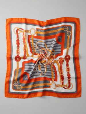 ORANGE RED GREY CHAIN MULTI CHAIN BUCKLE PRINT SCARF