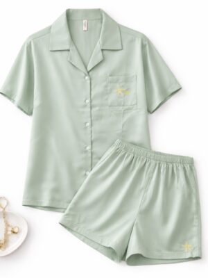 ANGELROUGE SAGE COLLARED SILK SHORTS SET SLEEP WEAR