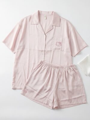 ANGELROUGE SALMON KITTY COLLARED SHORTS SET SLEEPWEAR